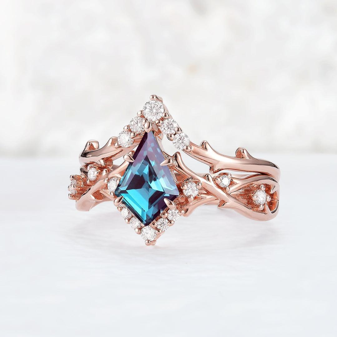 Unique Kite Cut Alexandrite Twig Gemstone Ring Set 2pcs