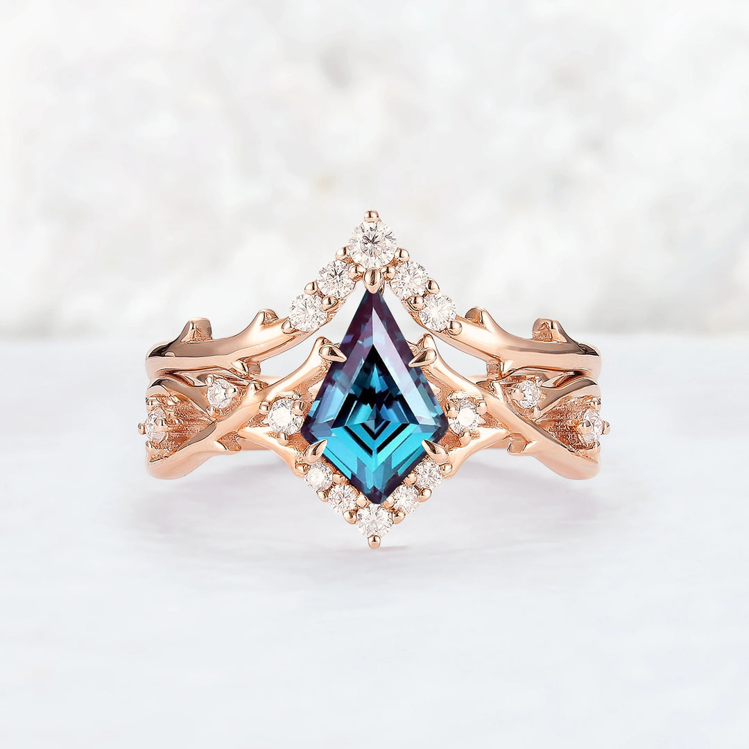 Unique Kite Cut Alexandrite Twig Gemstone Ring Set 2pcs