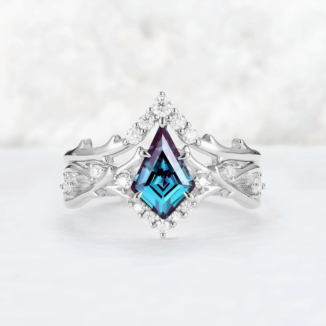 Unique Kite Cut Alexandrite Twig Gemstone Ring Set 2pcs