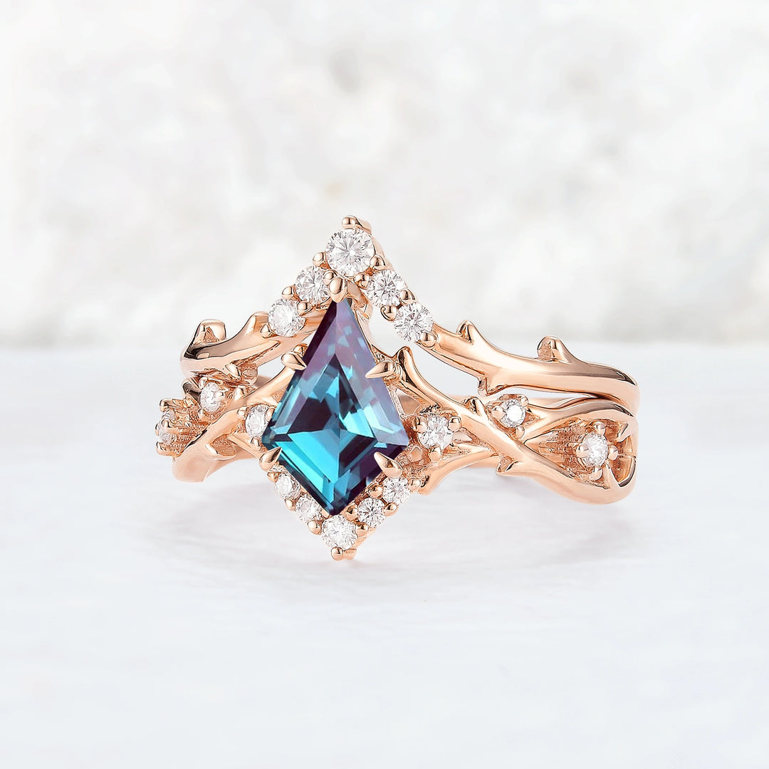 Unique Kite Cut Alexandrite Twig Gemstone Ring Set 2pcs