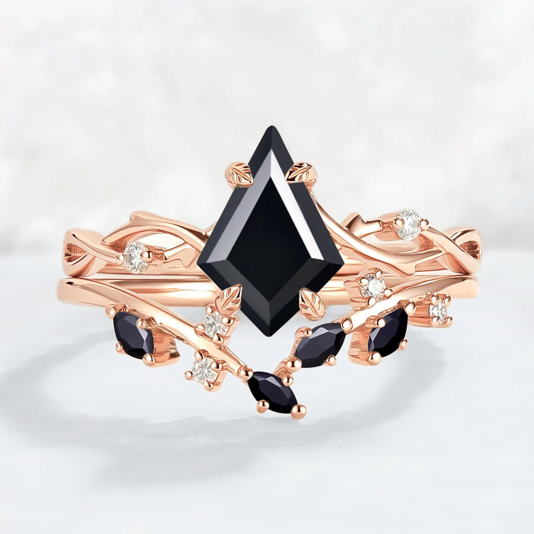 Unique Kite Cut Black Onyx Leaf and Vine Gemstone Ring Set 2pcs