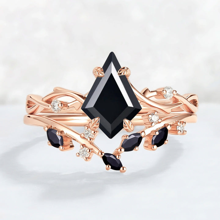 Unique Kite Cut Black Onyx Leaf and Vine Gemstone Ring Set 2pcs