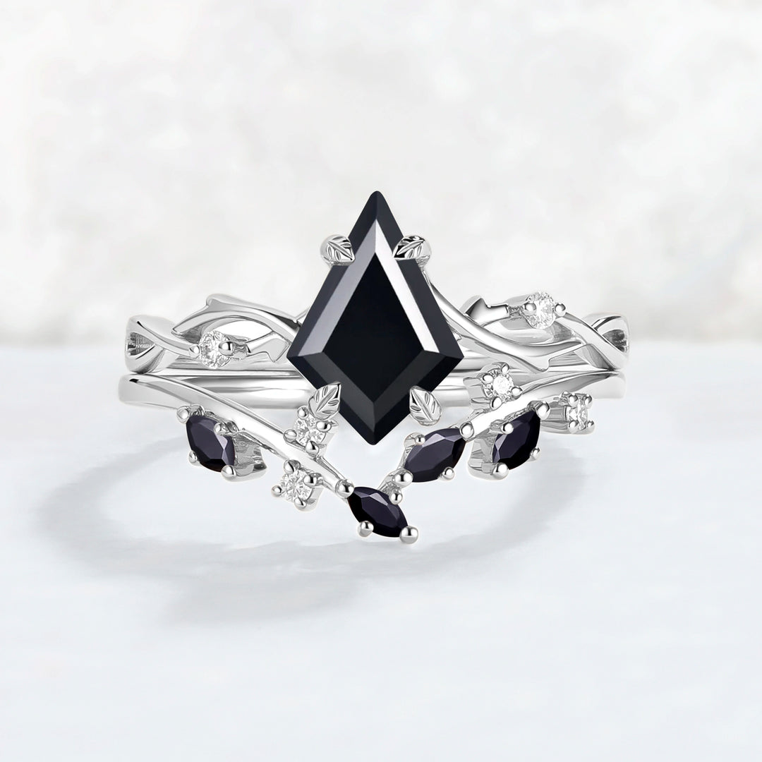 Unique Kite Cut Black Onyx Leaf and Vine Gemstone Ring Set 2pcs