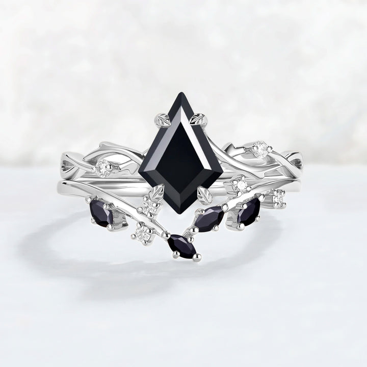 Unique Kite Cut Black Onyx Leaf and Vine Gemstone Ring Set 2pcs