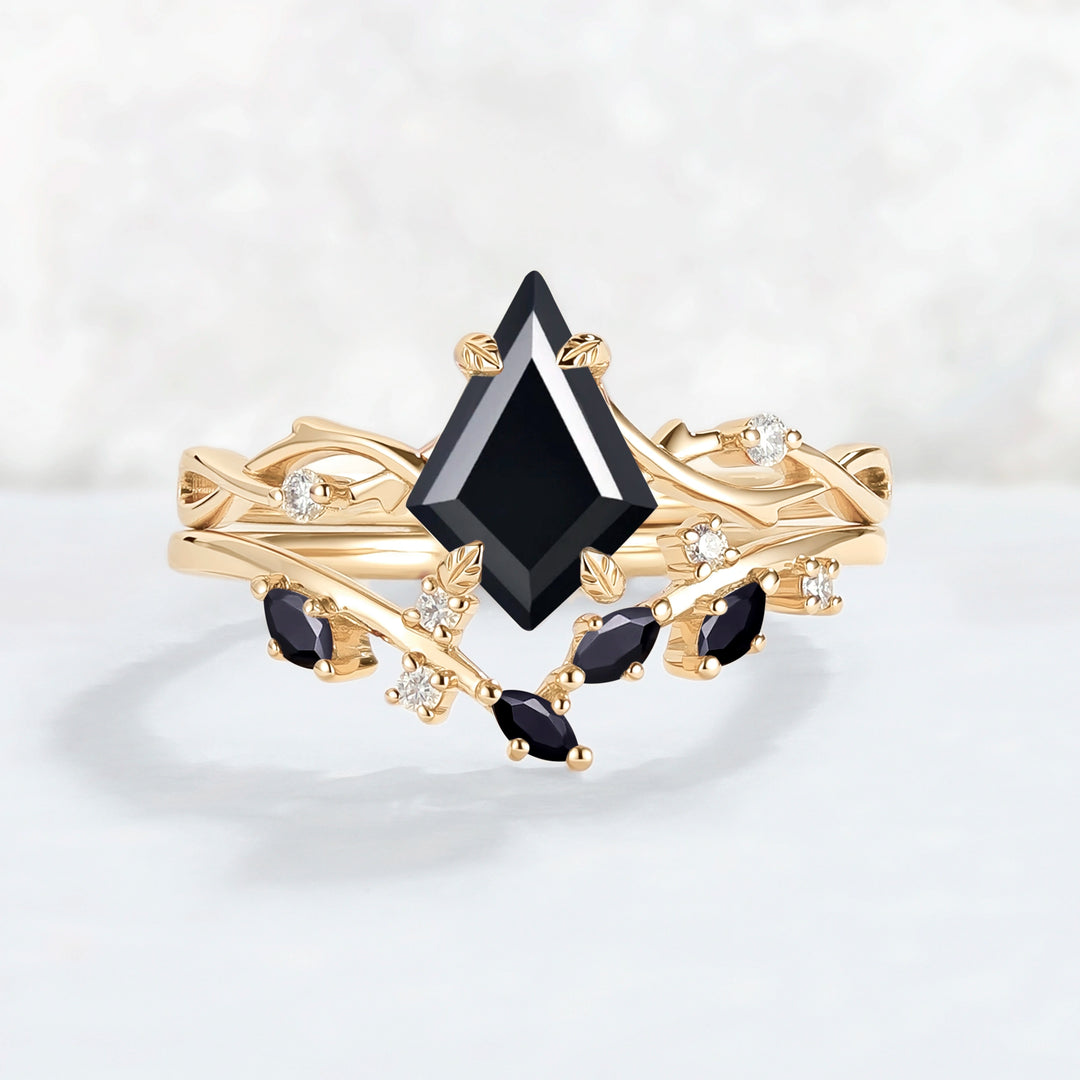 Unique Kite Cut Black Onyx Leaf and Vine Gemstone Ring Set 2pcs