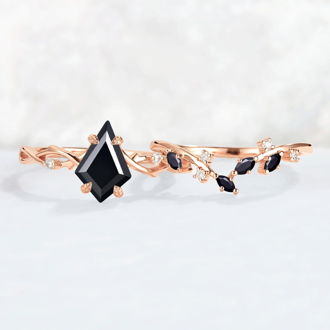Unique Kite Cut Black Onyx Leaf and Vine Gemstone Ring Set 2pcs