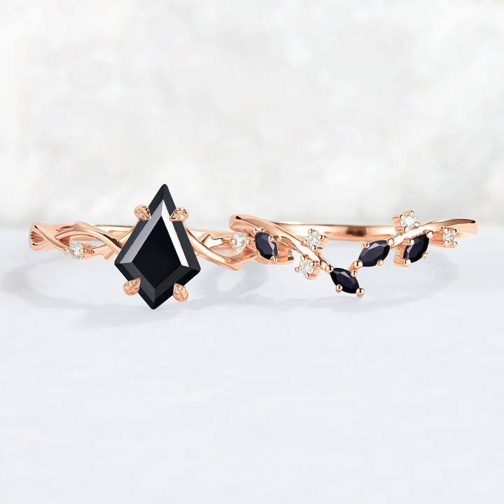 Unique Kite Cut Black Onyx Leaf and Vine Gemstone Ring Set 2pcs