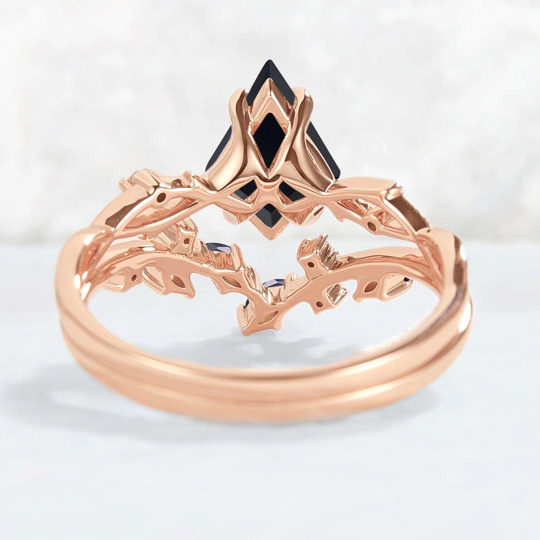 Unique Kite Cut Black Onyx Leaf and Vine Gemstone Ring Set 2pcs