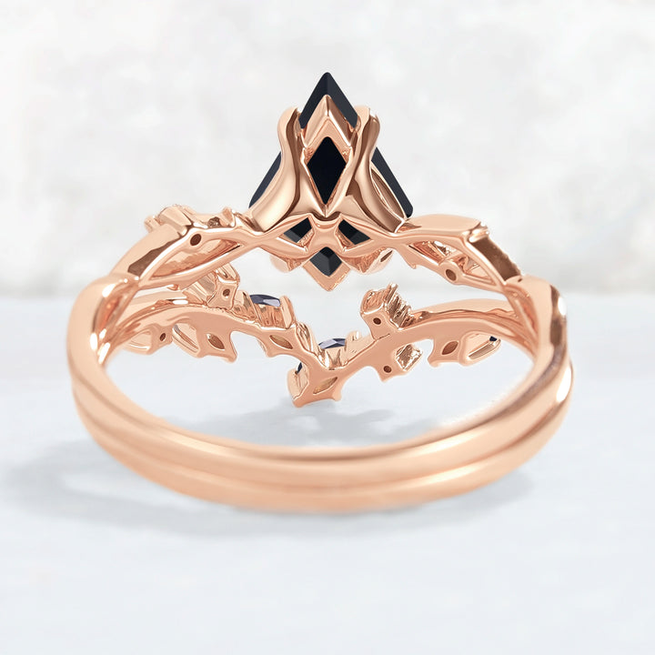 Unique Kite Cut Black Onyx Leaf and Vine Gemstone Ring Set 2pcs