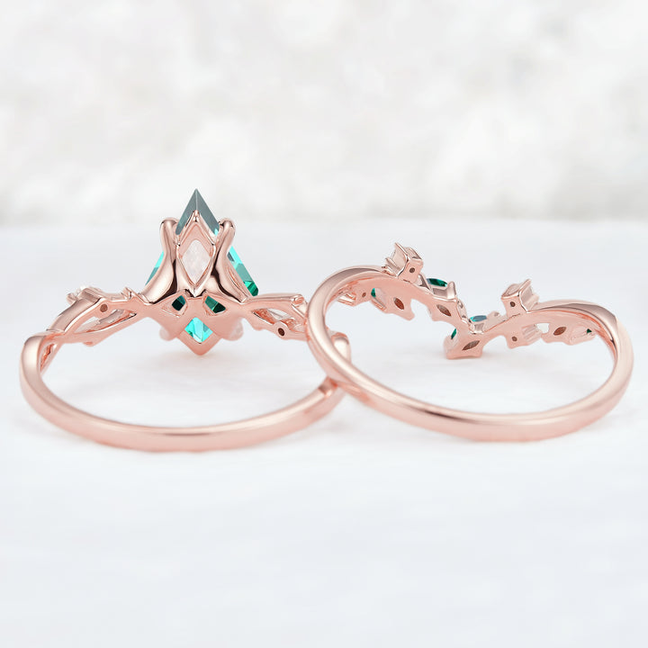 Unique Kite Cut Emerald Leaf and Vine Ring Set 2pcs