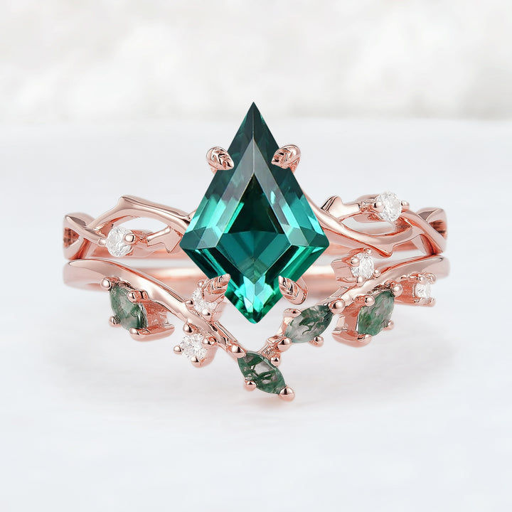 Unique Kite Cut Moss Agate Leaf and Vine Ring Set 2pcs