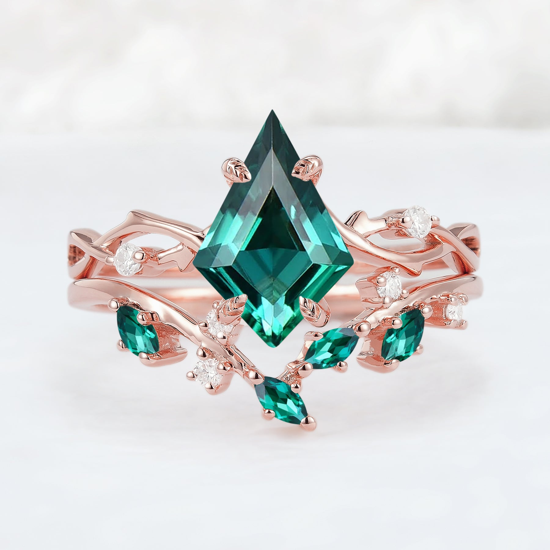 Unique Kite Cut Emerald Leaf and Vine Ring Set 2pcs - Iver Jewelry