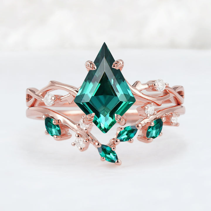 Unique Kite Cut Emerald Leaf and Vine Ring Set 2pcs