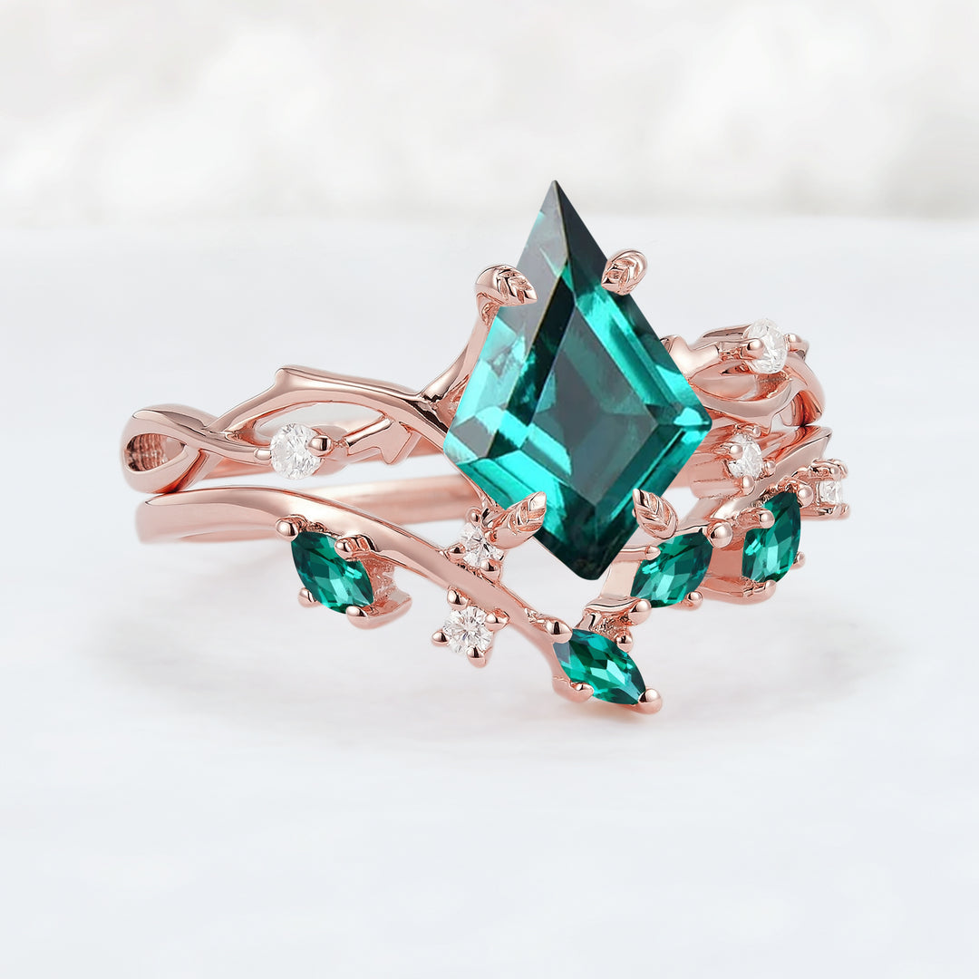 Unique Kite Cut Emerald Leaf and Vine Ring Set 2pcs
