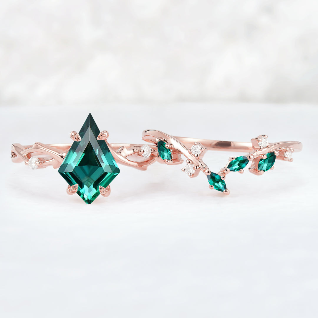 Unique Kite Cut Emerald Leaf and Vine Ring Set 2pcs