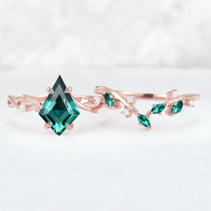 Unique Kite Cut Emerald Leaf and Vine Ring Set 2pcs
