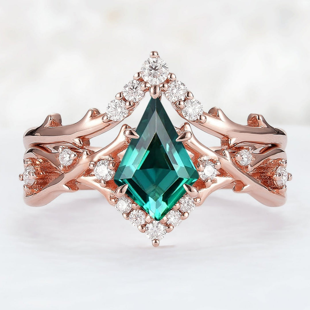 Unique Kite Cut Emerald Twig Engagement Ring Set 2pcs