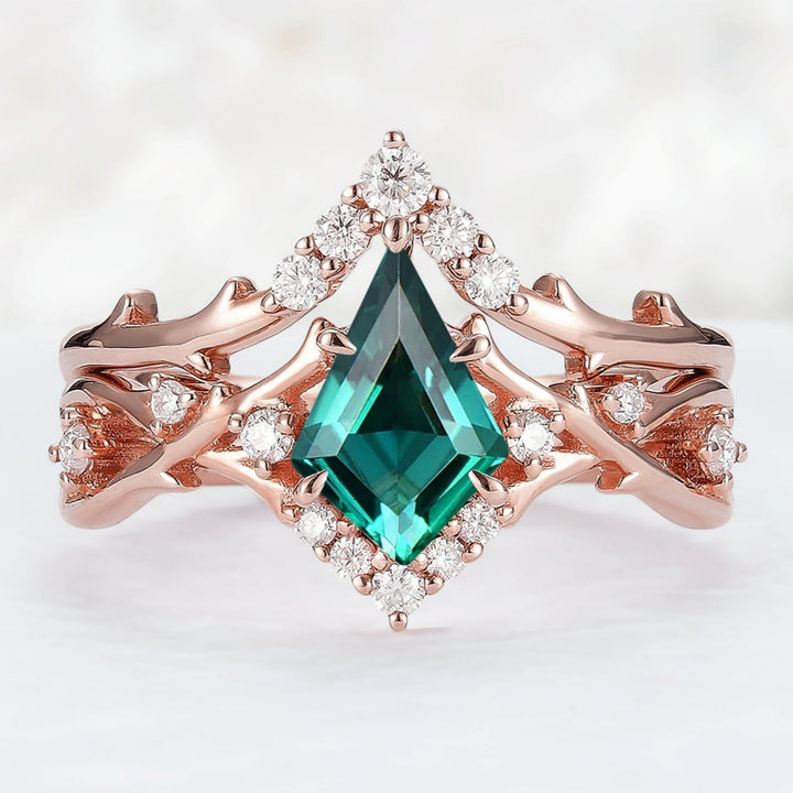 Unique Kite Cut Emerald Twig Engagement Ring Set 2pcs