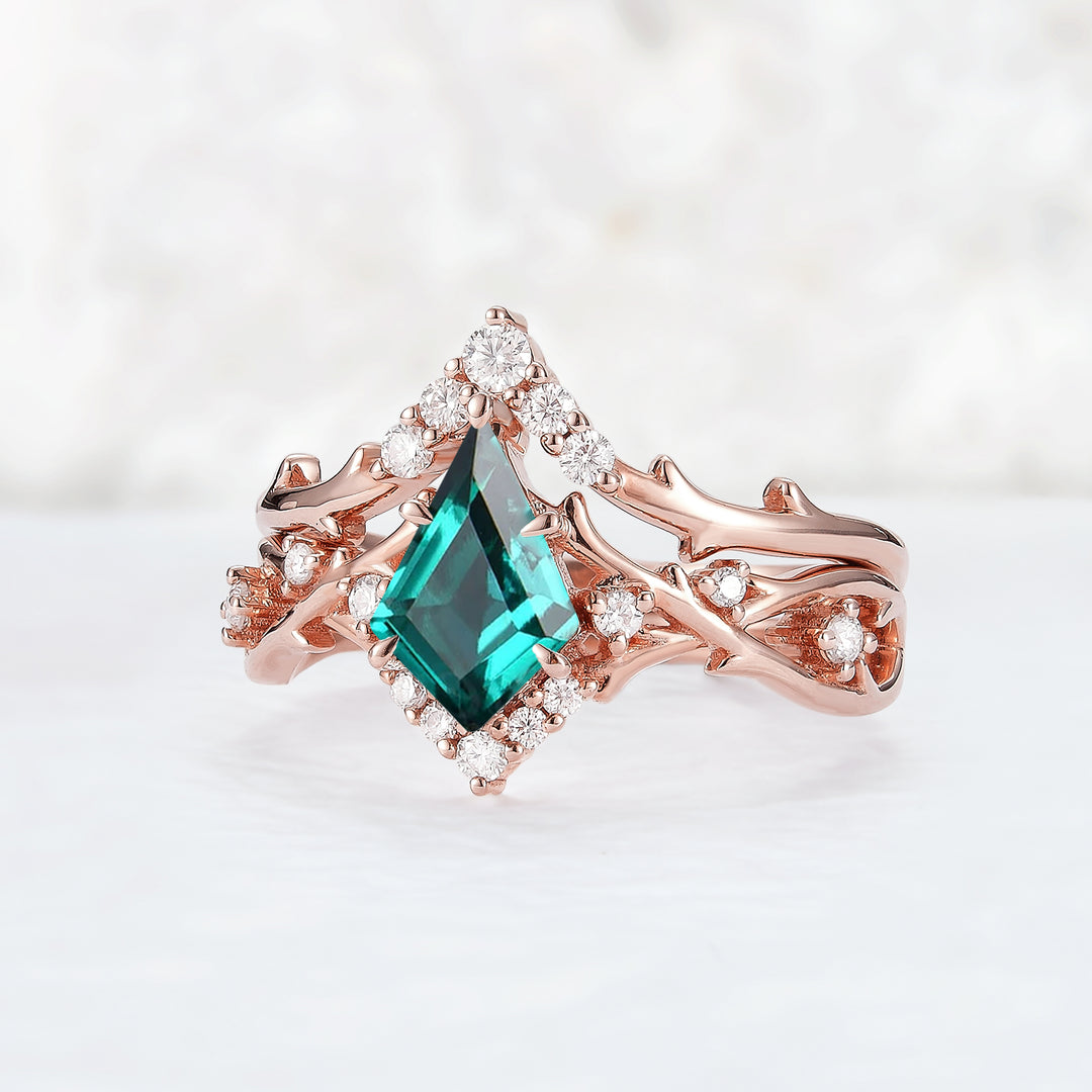 Unique Kite Cut Emerald Twig Engagement Ring Set 2pcs