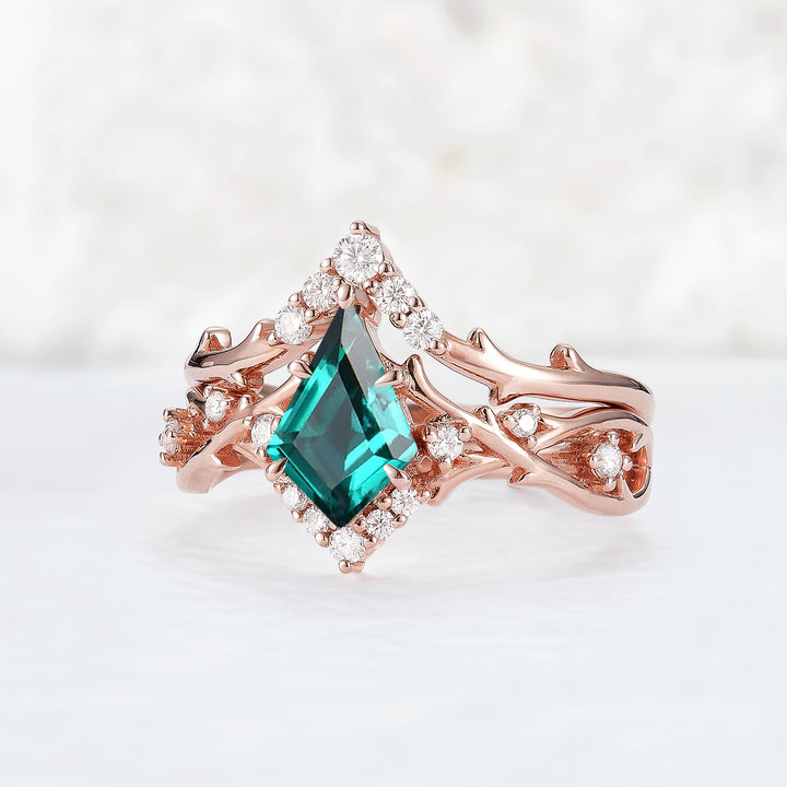 Unique Kite Cut Emerald Twig Engagement Ring Set 2pcs