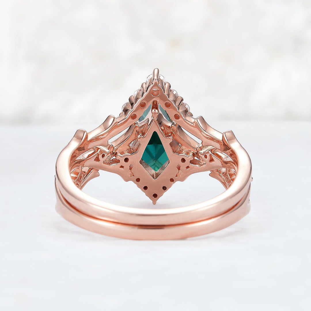 Unique Kite Cut Emerald Twig Engagement Ring Set 2pcs