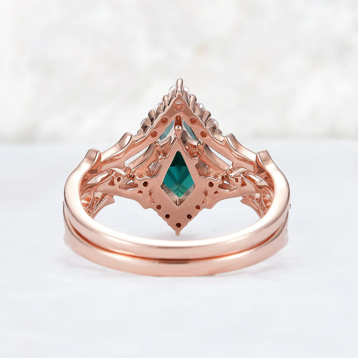 Unique Kite Cut Emerald Twig Engagement Ring Set 2pcs