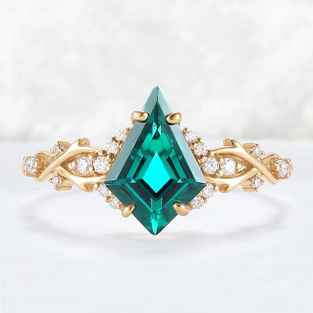 Unique Kite Cut Emerald with Moissanite Vine Gemstone Ring