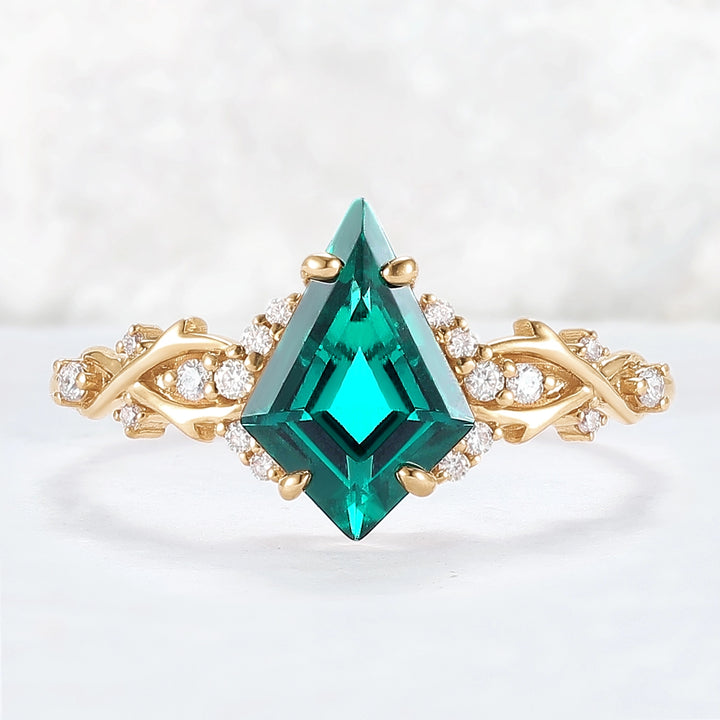 Unique Kite Cut Emerald with Moissanite Vine Gemstone Ring
