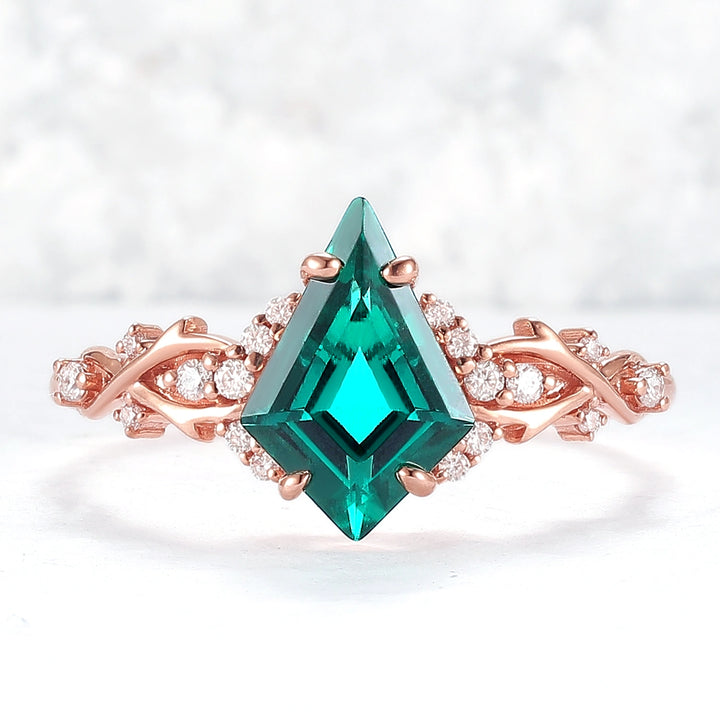 Unique Kite Cut Emerald with Moissanite Vine Gemstone Ring