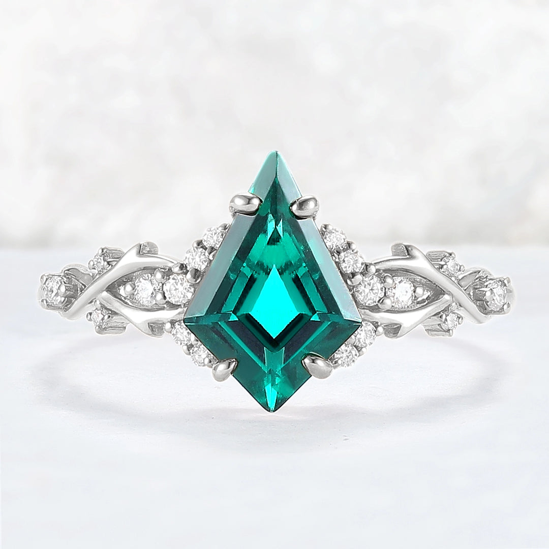 Unique Kite Cut Emerald with Moissanite Vine Gemstone Ring