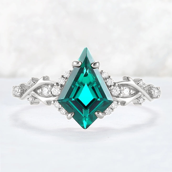 Unique Kite Cut Emerald with Moissanite Vine Gemstone Ring