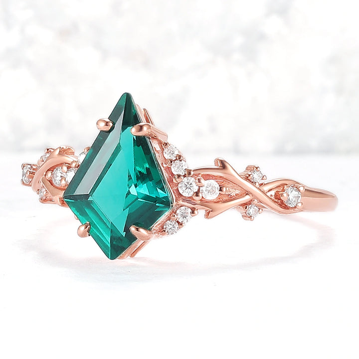 Unique Kite Cut Emerald with Moissanite Vine Gemstone Ring