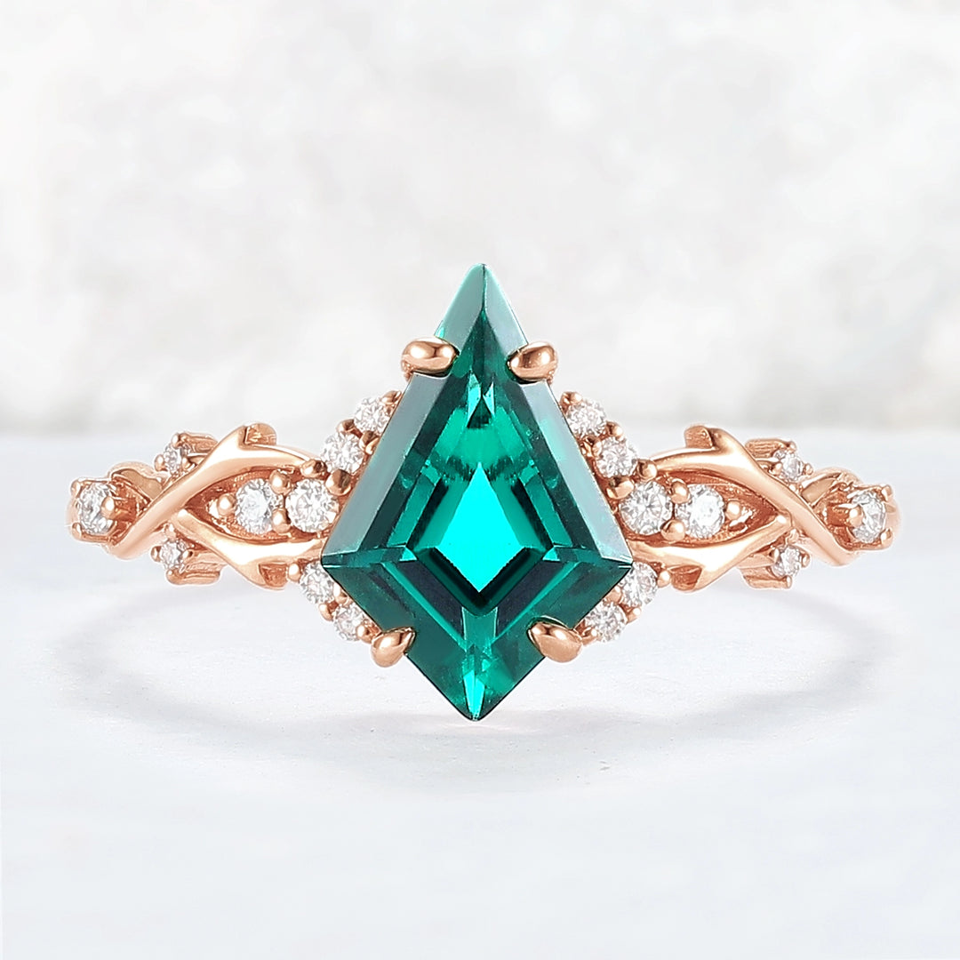 Unique Kite Cut Emerald with Moissanite Vine Gemstone Ring