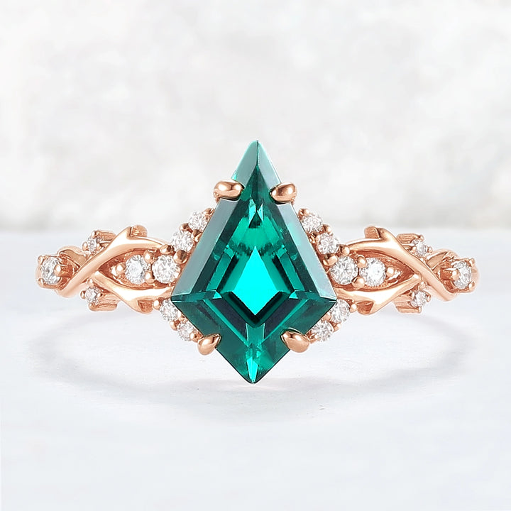 Unique Kite Cut Emerald with Moissanite Vine Gemstone Ring