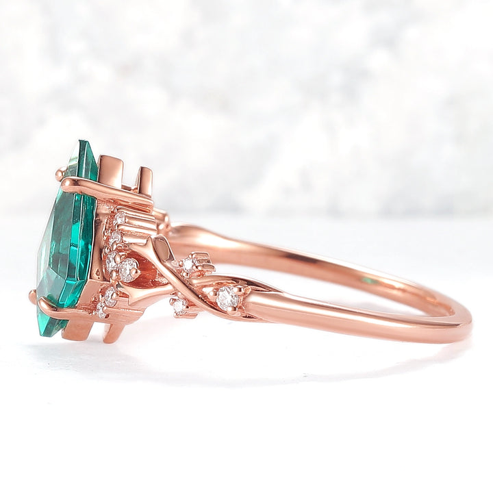 Unique Kite Cut Emerald with Moissanite Vine Gemstone Ring