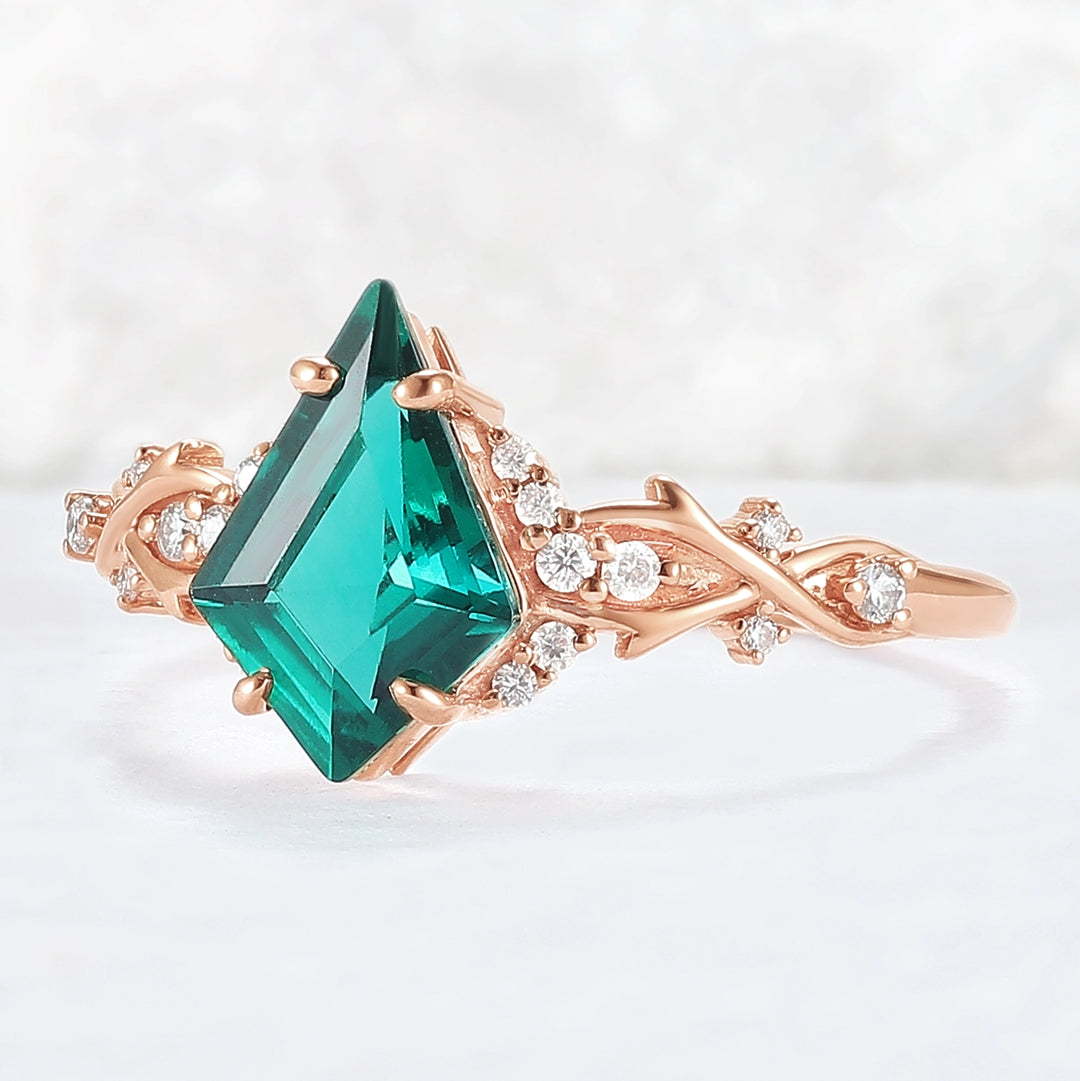 Unique Kite Cut Emerald with Moissanite Vine Gemstone Ring