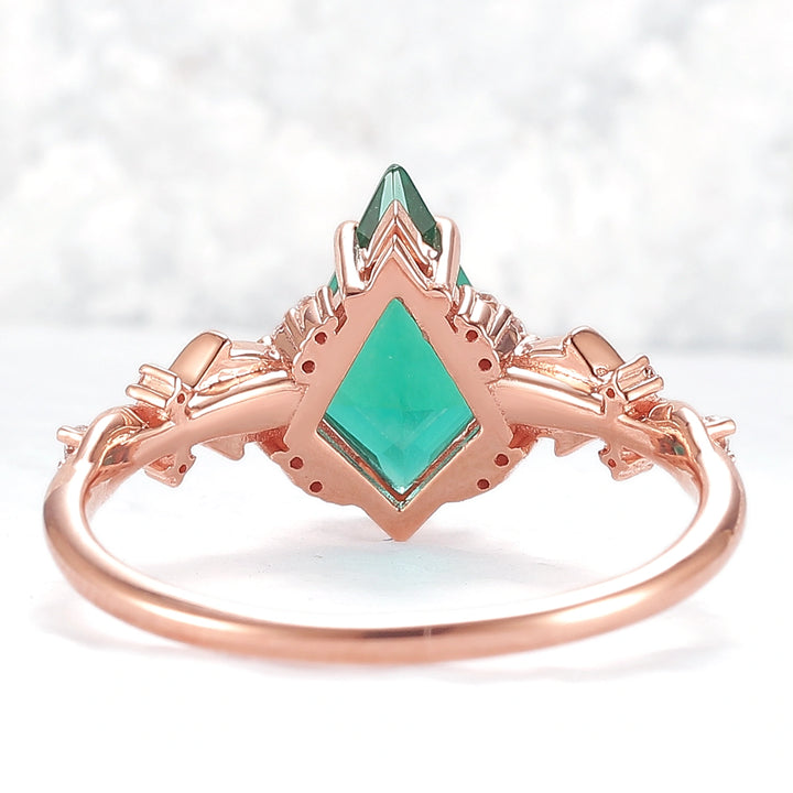 Unique Kite Cut Emerald with Moissanite Vine Gemstone Ring