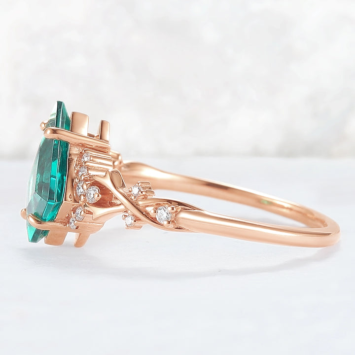 Unique Kite Cut Emerald with Moissanite Vine Gemstone Ring