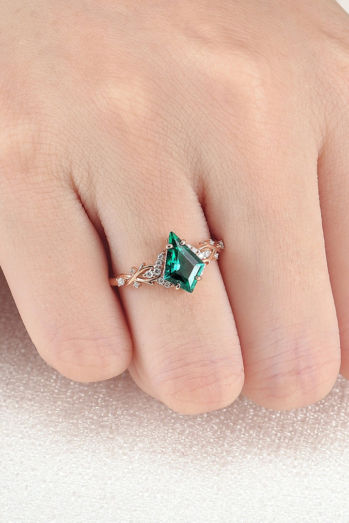 Unique Kite Cut Emerald with Moissanite Vine Gemstone Ring