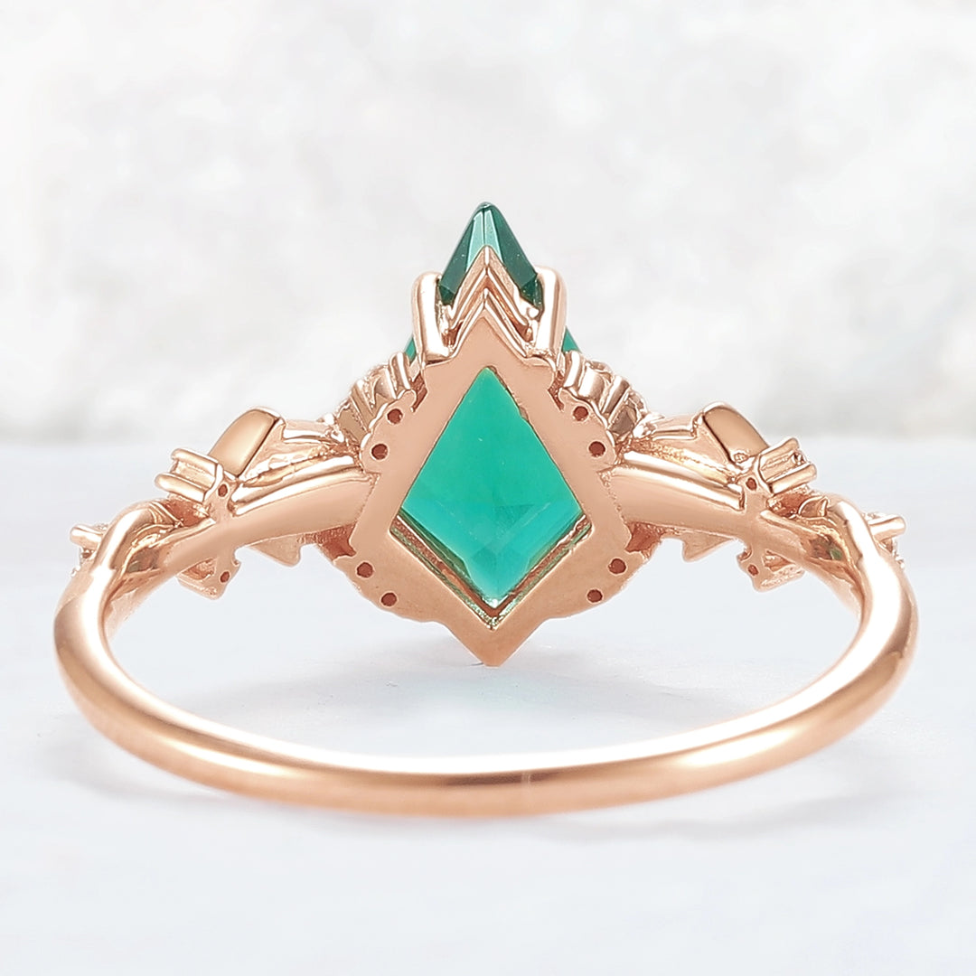 Unique Kite Cut Emerald with Moissanite Vine Gemstone Ring