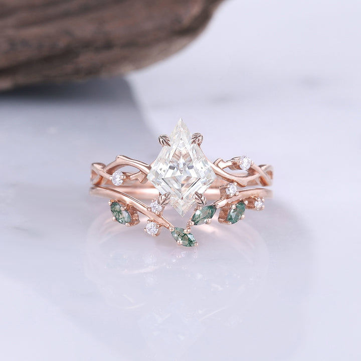 Unique Kite Cut Moissanite Leaf and Vine Engagement Ring Set 2pcs
