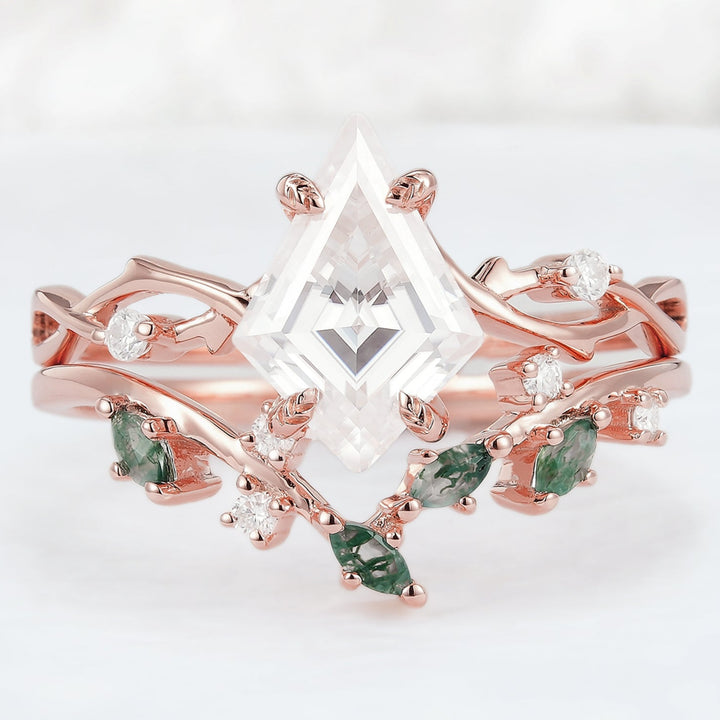 Unique Kite Cut Moissanite Leaf and Vine Engagement Ring Set 2pcs-3