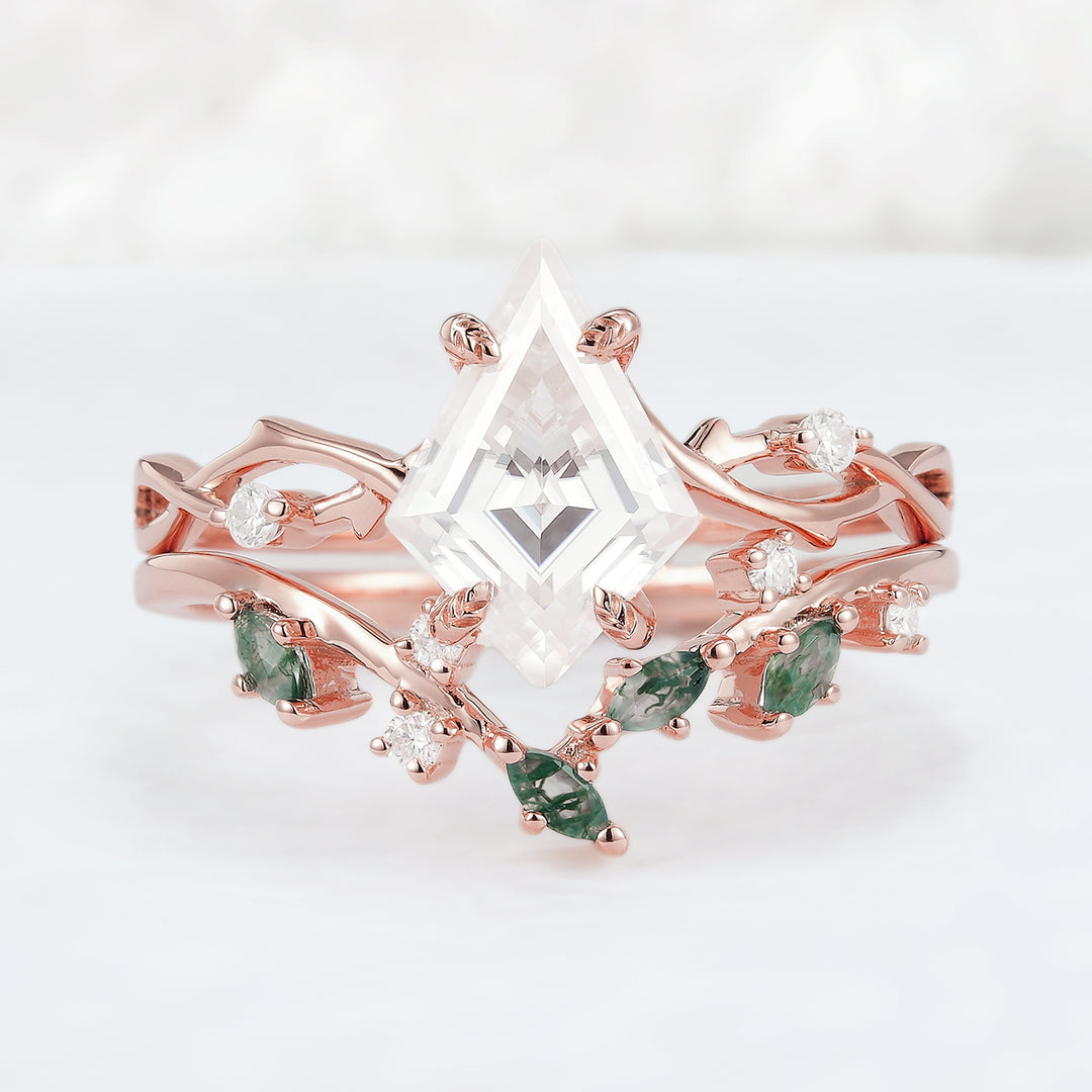 Unique Kite Cut Moss Agate Leaf and Vine Ring Set 2pcs