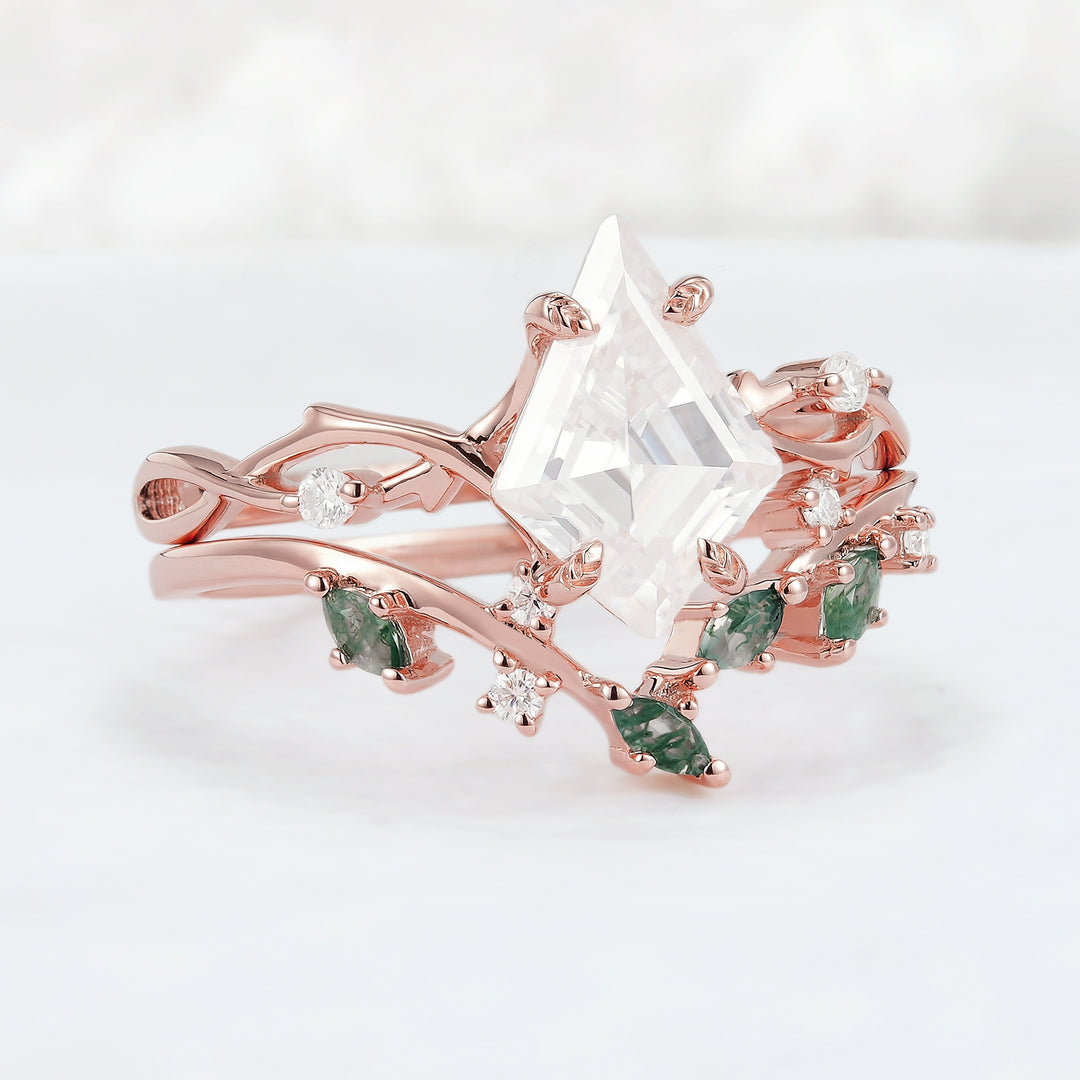 Unique Kite Cut Moissanite Leaf and Vine Engagement Ring Set 2pcs