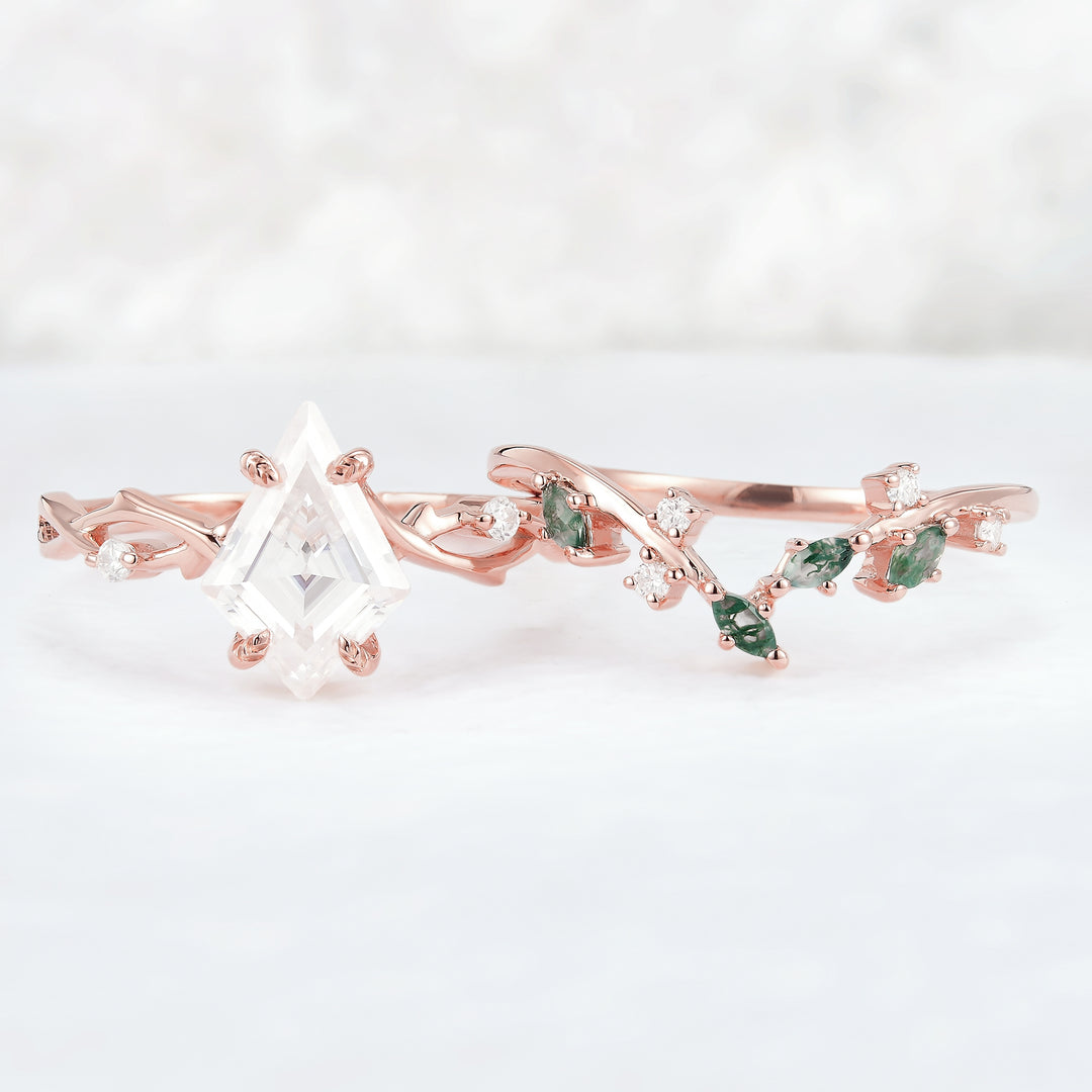 Unique Kite Cut Moissanite Leaf and Vine Engagement Ring Set 2pcs