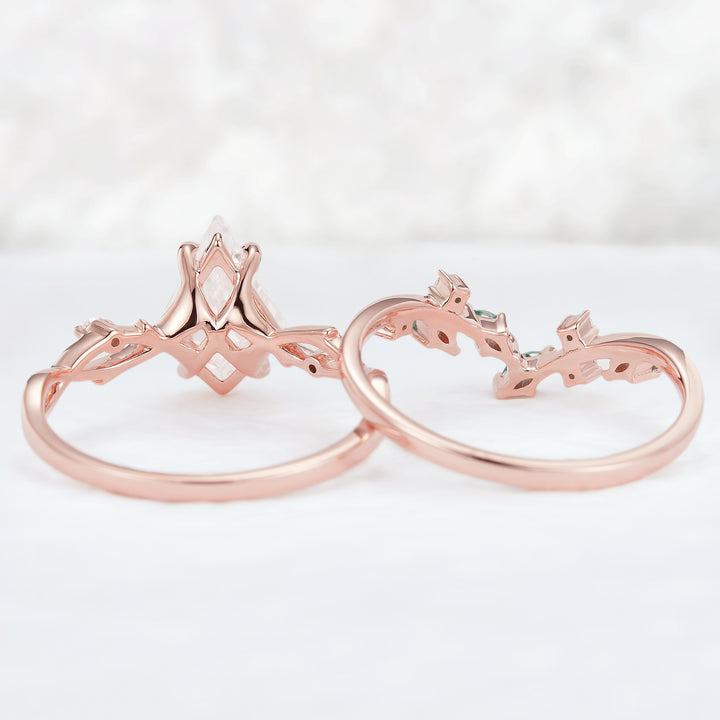 Unique Kite Cut Moissanite Leaf and Vine Engagement Ring Set 2pcs