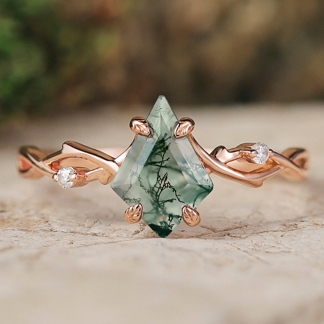 Unique Kite Cut Moss Agate Leaf and Vine Engagement Ring