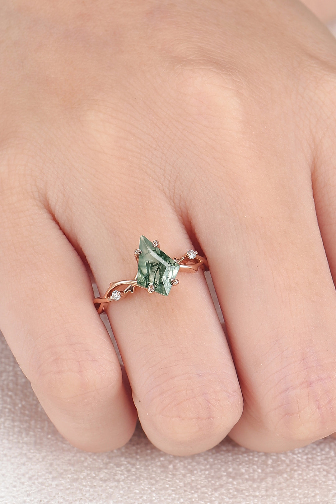 Unique Kite Cut Moss Agate Leaf and Vine Engagement Ring