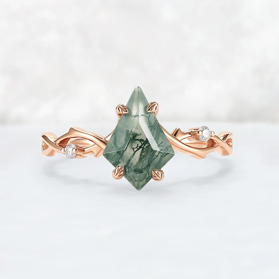 Unique Kite Cut Moss Agate Leaf and Vine Engagement Ring