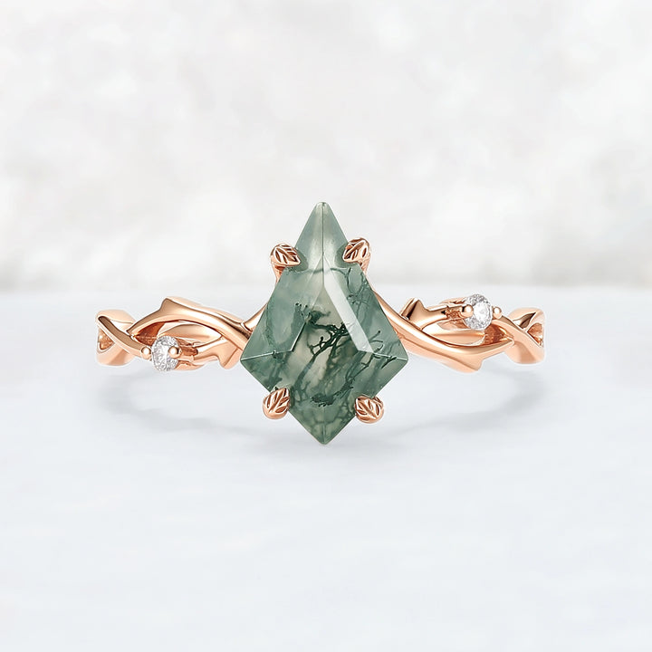 Unique Kite Cut Moss Agate Leaf and Vine Engagement Ring
